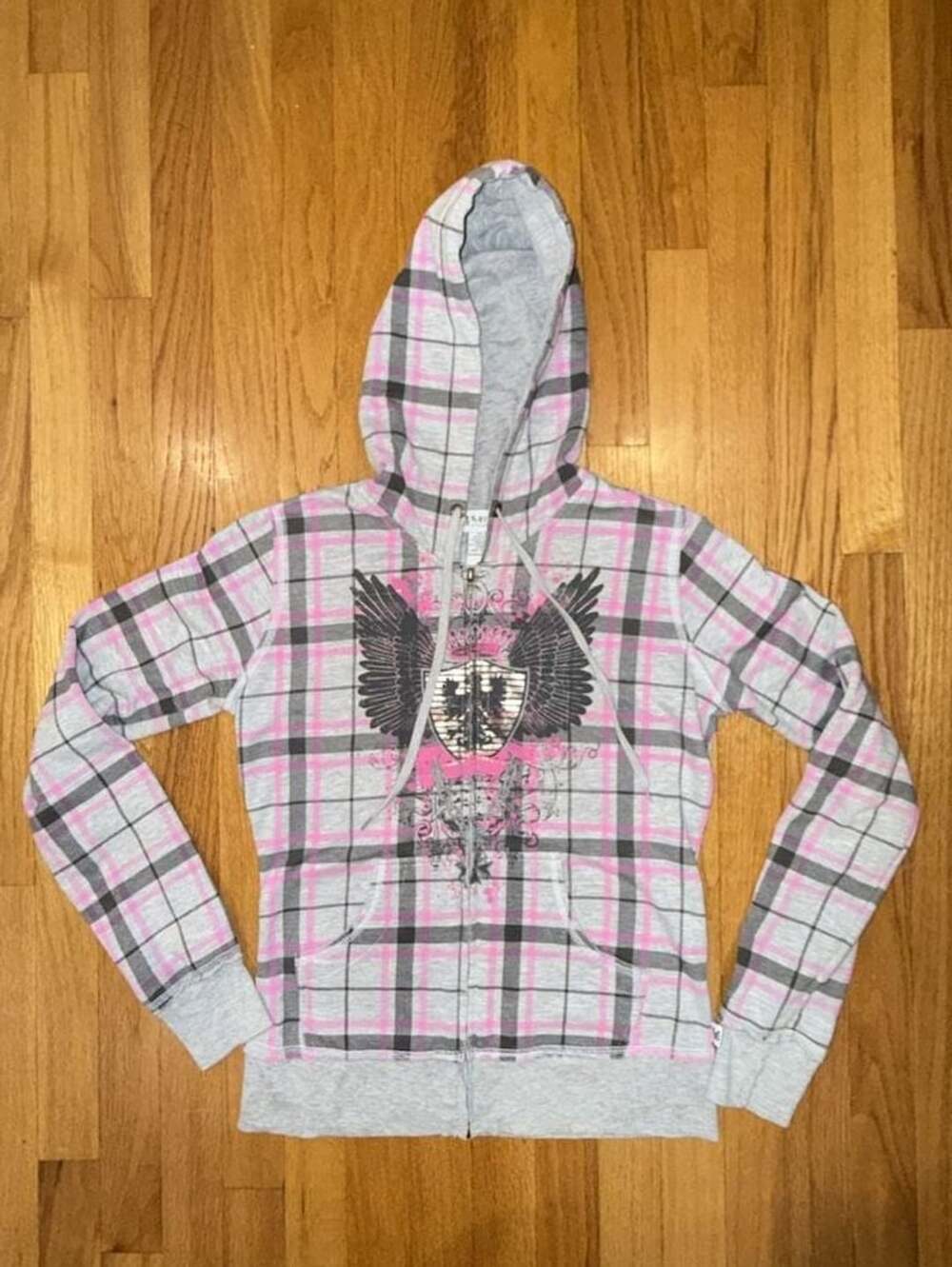 Self Esteem Hoodie Y2K M Gray Pink Plaid Gothic Zip Up Sweater Skater Grunge